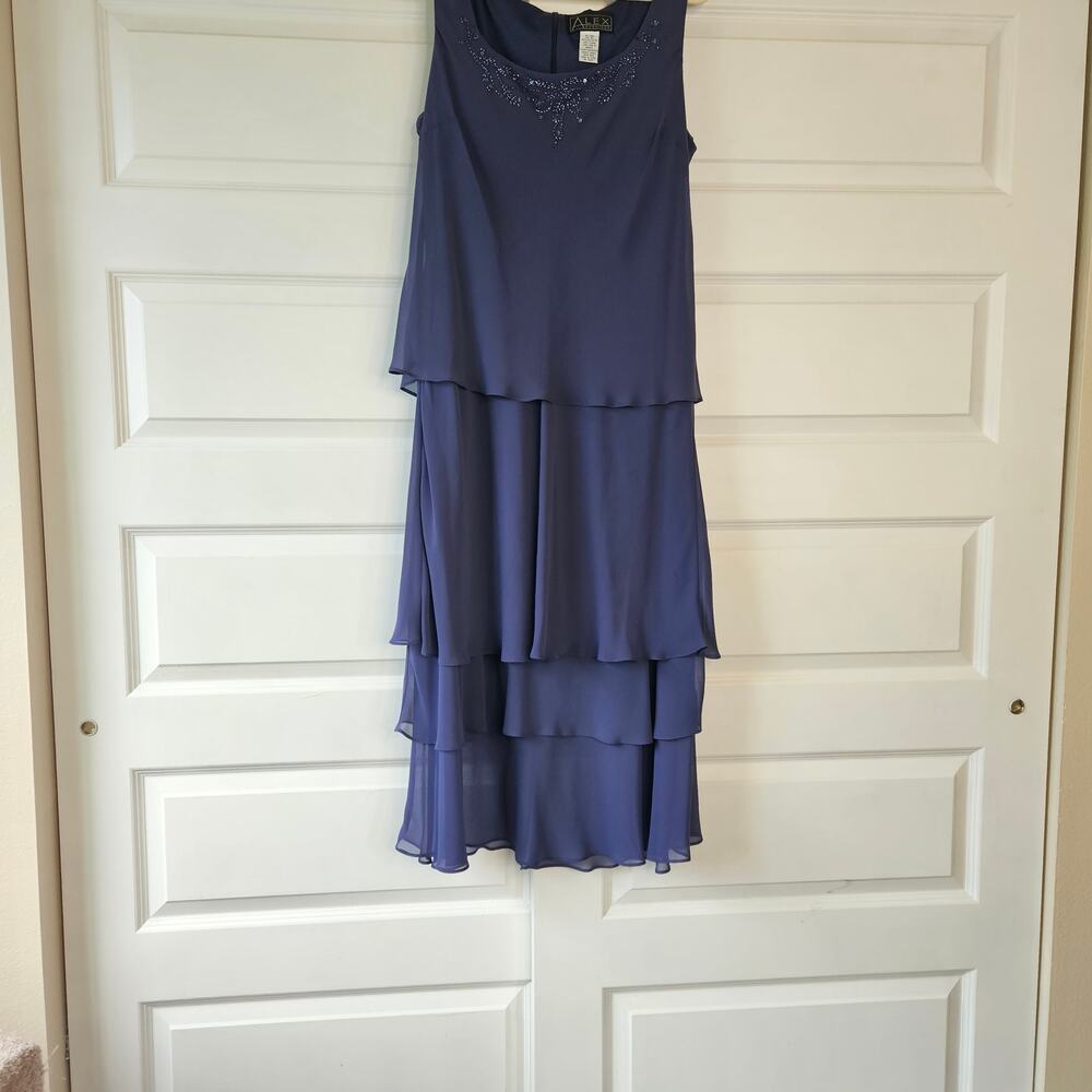Alex Evenings Navy Tiered Chiffon Beaded Midi Dress Size 14 No Jacket